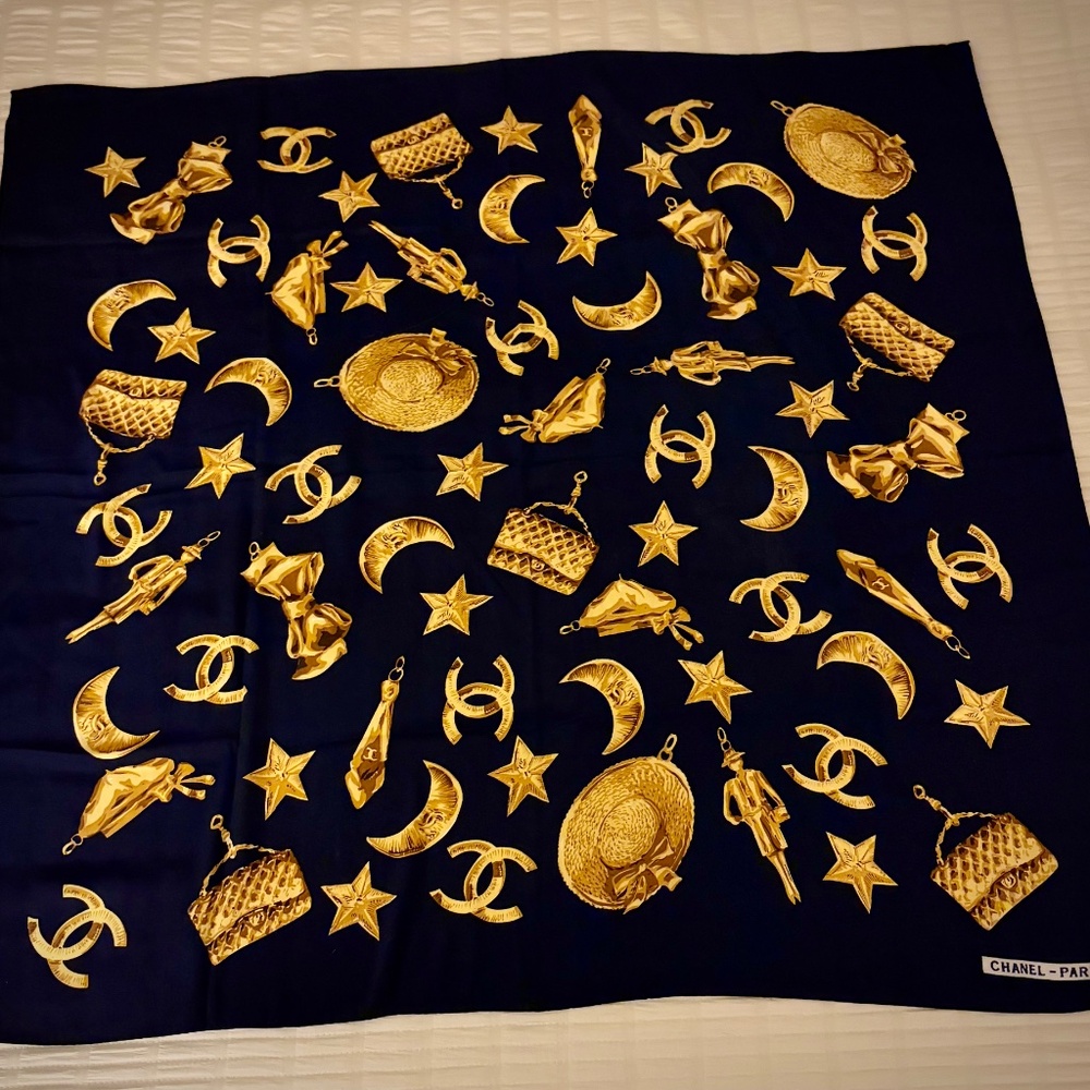 CHANEL—Vintage Navy Blue & Gold Silk Scarf